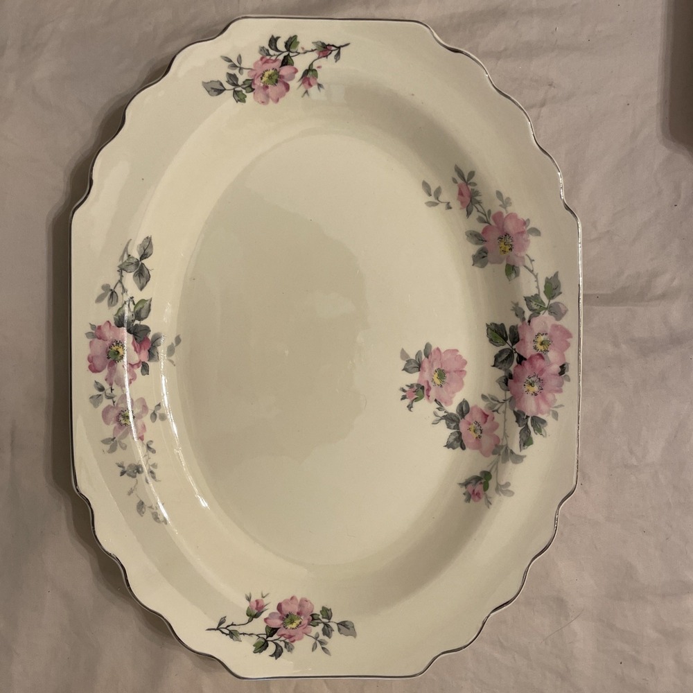 W.S. George Fine Porcelain China Blossoms‎ Bolero Shape Dish Silver Trim 13 1/4"